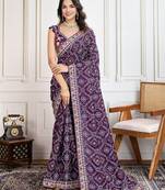 Purple panetar bandhani printed with embroidered saree with unstitched blouse