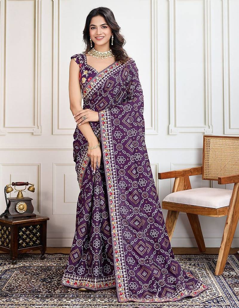 Purple panetar bandhani printed with embroidered saree with unstitched blouse