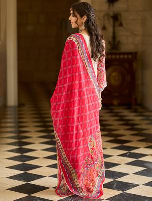 Cream embroidered silk blend kurta trouser dupatta set 2