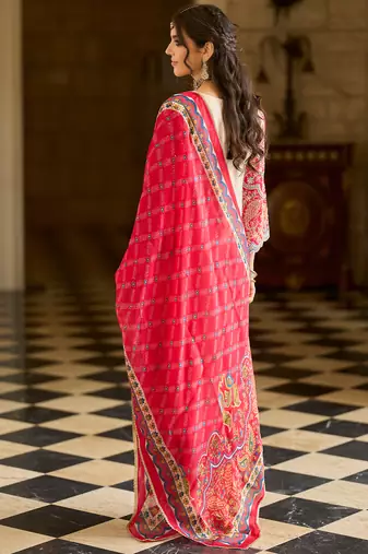 Cream embroidered silk blend kurta trouser dupatta set