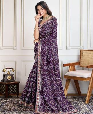 Purple panetar bandhani printed with embroidered saree with unstitched blouse 4