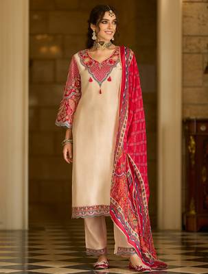 Cream embroidered silk blend kurta trouser dupatta set 3