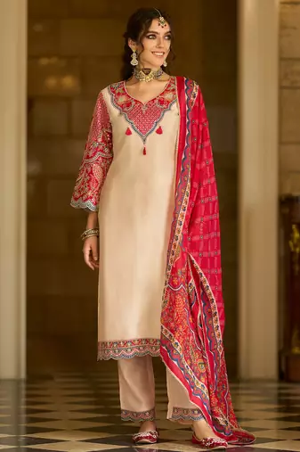 Cream embroidered silk blend kurta trouser dupatta set