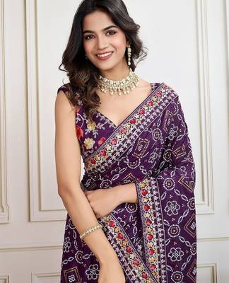 Purple panetar bandhani printed with embroidered saree with unstitched blouse 5