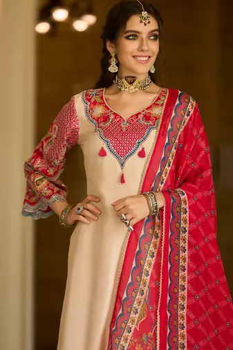 Cream embroidered silk blend kurta trouser dupatta set
