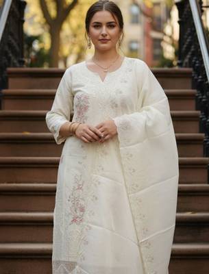 Cream embroidered pure cotton kurta trouser dupatta set 1