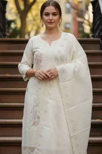 Cream embroidered pure cotton kurta trouser dupatta set