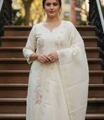 Cream embroidered pure cotton kurta trouser dupatta set