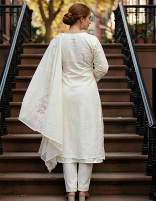 Cream embroidered pure cotton kurta trouser dupatta set 2