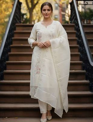 Cream embroidered pure cotton kurta trouser dupatta set 3