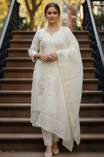 Cream embroidered pure cotton kurta trouser dupatta set