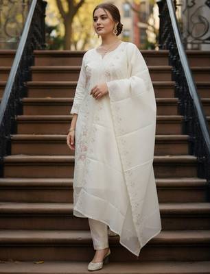 Cream embroidered pure cotton kurta trouser dupatta set 4