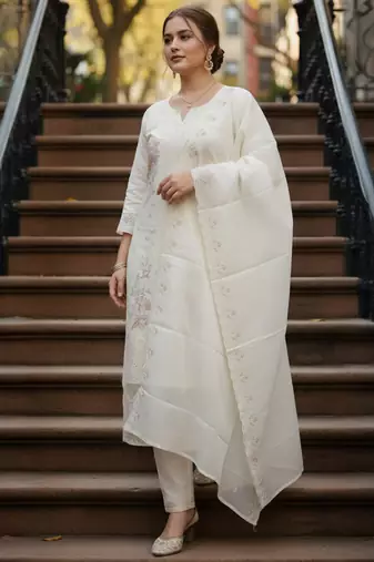 Cream embroidered pure cotton kurta trouser dupatta set