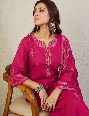 Pink embroidered pure cotton kurta trouser dupatta set 1