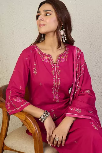 Pink embroidered pure cotton kurta trouser dupatta set