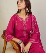 Pink embroidered pure cotton kurta trouser dupatta set