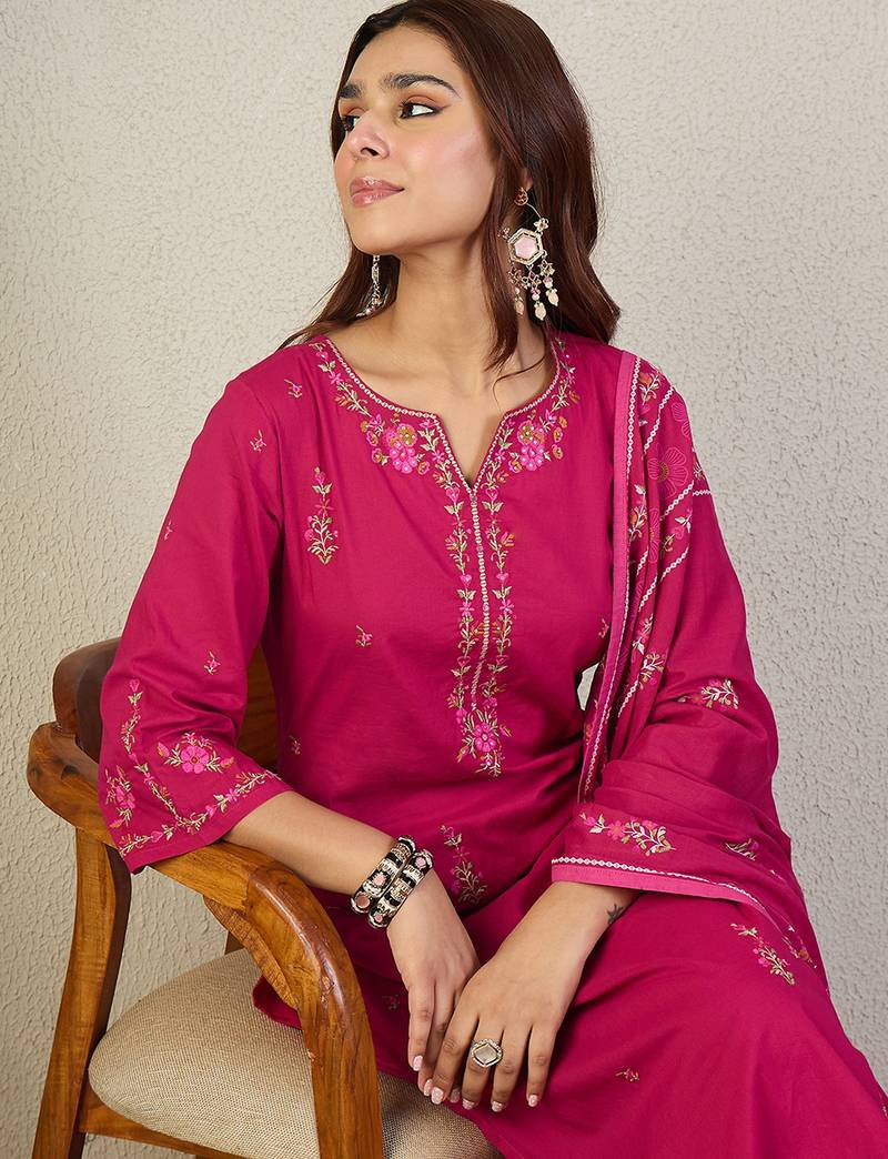Pink embroidered pure cotton kurta trouser dupatta set