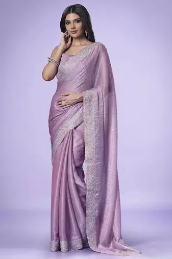 Mauve women embroidered beads and stones saree