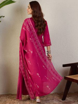 Pink embroidered pure cotton kurta trouser dupatta set 2