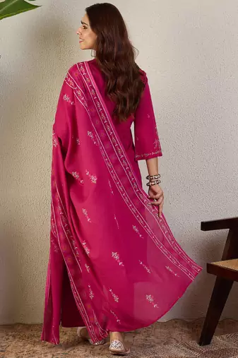 Pink embroidered pure cotton kurta trouser dupatta set