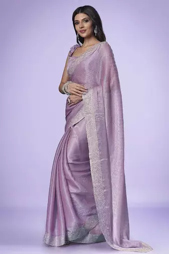 Mauve women embroidered beads and stones saree