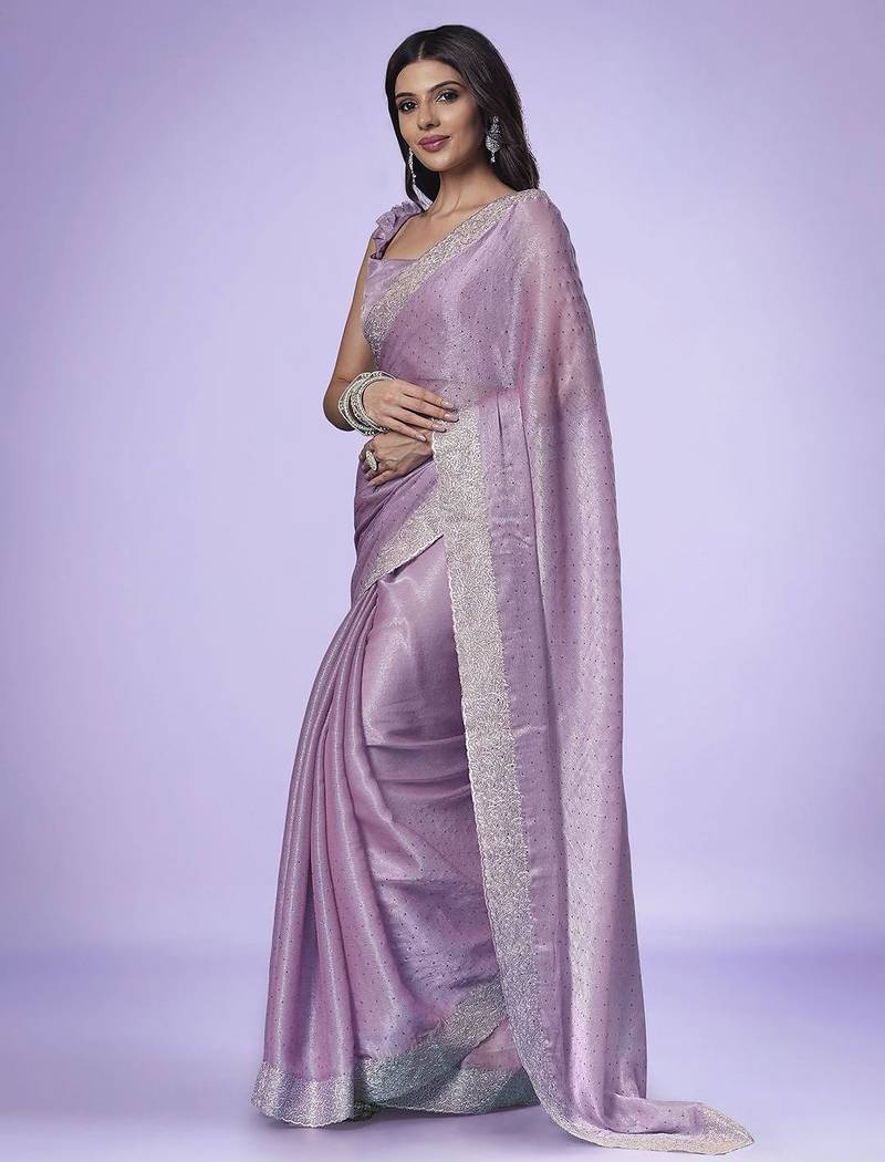 Mauve women embroidered beads and stones saree