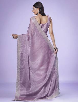 Mauve women embroidered beads and stones saree 3