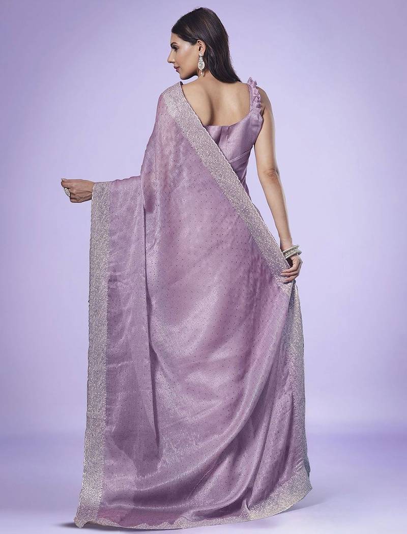 Mauve women embroidered beads and stones saree