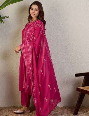 Pink embroidered pure cotton kurta trouser dupatta set 3
