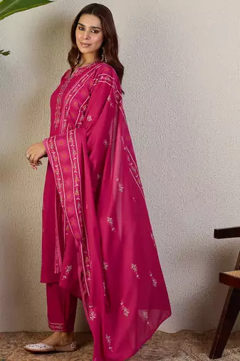 Pink embroidered pure cotton kurta trouser dupatta set