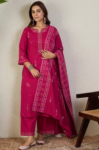 Pink embroidered pure cotton kurta trouser dupatta set