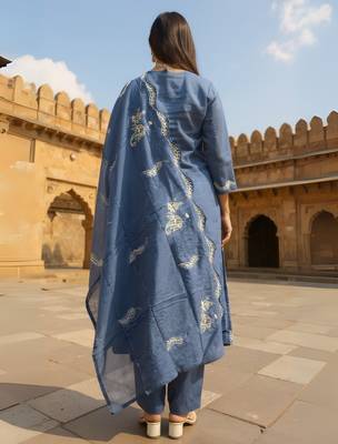 Blue embroidered pure cotton kurta trouser dupatta set 2