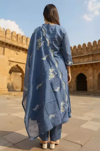 Blue embroidered pure cotton kurta trouser dupatta set