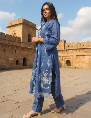 Blue embroidered pure cotton kurta trouser dupatta set 3