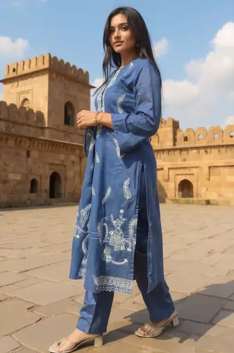 Blue embroidered pure cotton kurta trouser dupatta set