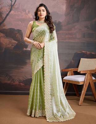 Olive embroidered saree with blouse piece 1