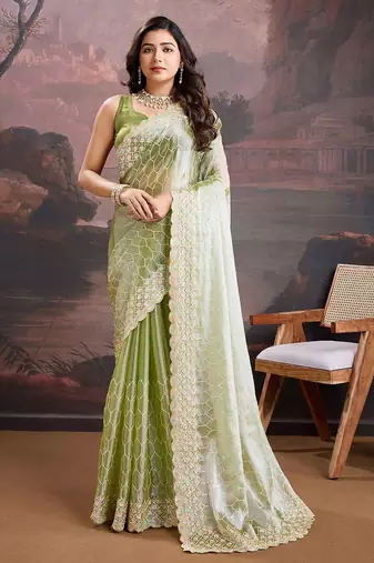 Olive embroidered saree with blouse piece