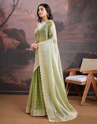 Olive embroidered saree with blouse piece 2
