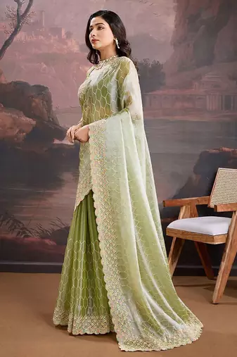 Olive embroidered saree with blouse piece