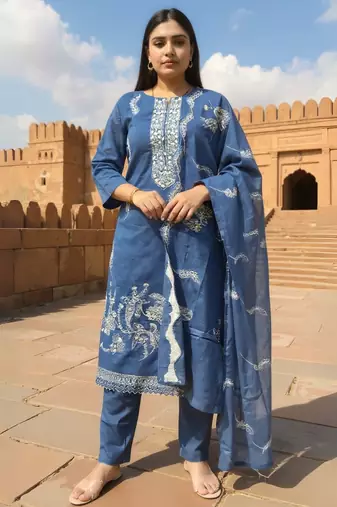 Blue embroidered pure cotton kurta trouser dupatta set