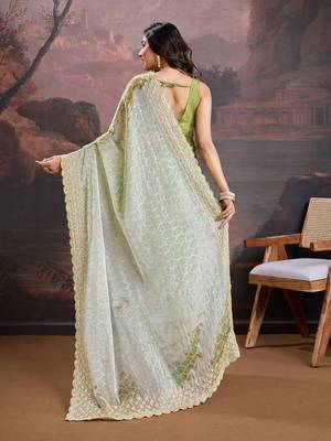 Olive embroidered saree with blouse piece 3