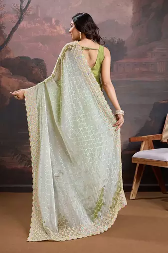 Olive embroidered saree with blouse piece