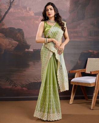 Olive embroidered saree with blouse piece 4