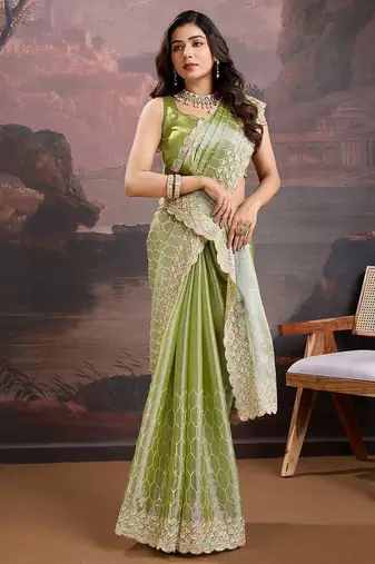 Olive embroidered saree with blouse piece