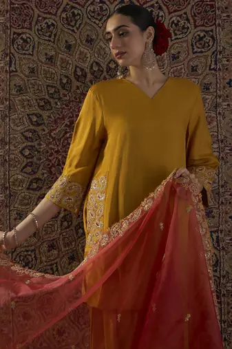 Yellow embroidered silk blend kurta trouser dupatta set