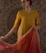 Yellow embroidered silk blend kurta trouser dupatta set