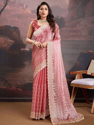 Peach women pastels embroidered saree 2
