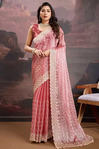 Peach women pastels embroidered saree