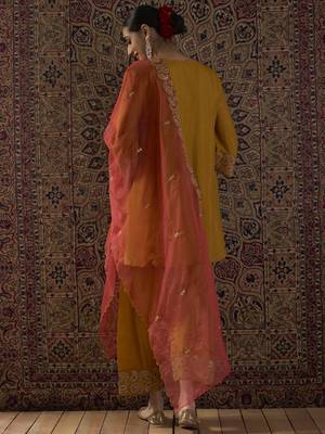 Yellow embroidered silk blend kurta trouser dupatta set 2