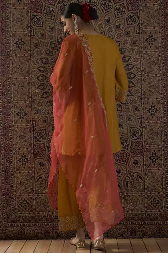 Yellow embroidered silk blend kurta trouser dupatta set